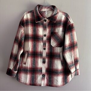 Zenana Cream Rust Orange Black Plaid Heavyweight Flannel Shacket Womens Medium